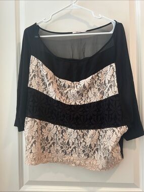 Language Silk Blend Lace Sheer Panel Black & Cream Women's Top size M